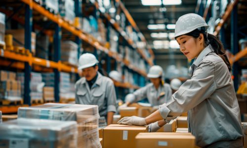 Japanese logistics workers in a warehouse, organizing packages, managing inventory, and preparing shipments, Families in Japan, Japanese logistics, everyday warehouse life, supply